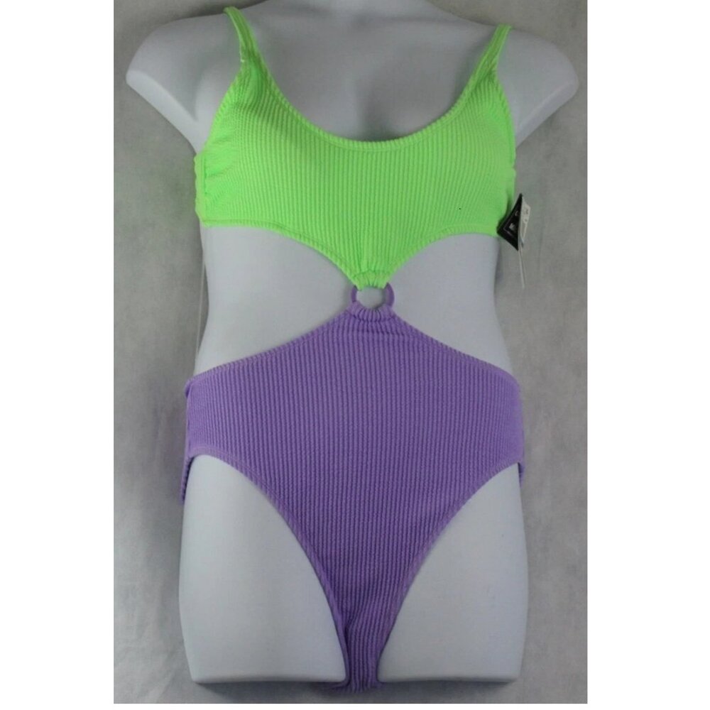 NWT Salt + Cove Juniors Colorblock One-Piece Monokini Swimsuit, Green Purple, XL